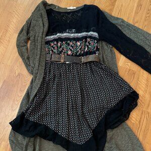 Adorable Black lace top long sleeve Asymmetrical printed dress